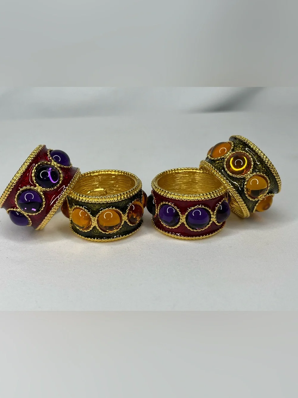 Vintage Luxury Hand Enameled Napkin Rings By Mike+Ally-Gold With Stones